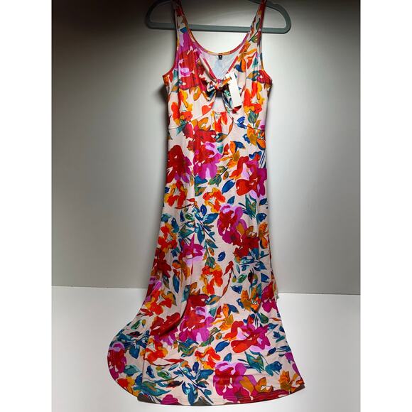 Y2K Halter Midi Dress Sz M Floral Orange Pink Teal Side Slits New Tropical Beach - Picture 5 of 9